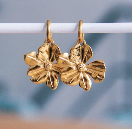 RVS oorringen met XL bloem - goud