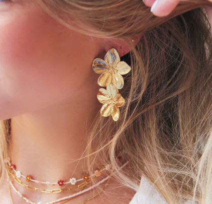 RVS statement oorbel 2 bloemen - goud